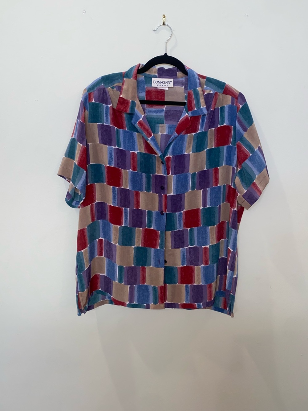 Vintage 80s Donnkenny Multicolor Geometric Short-Sleeve Button-Up Blouse